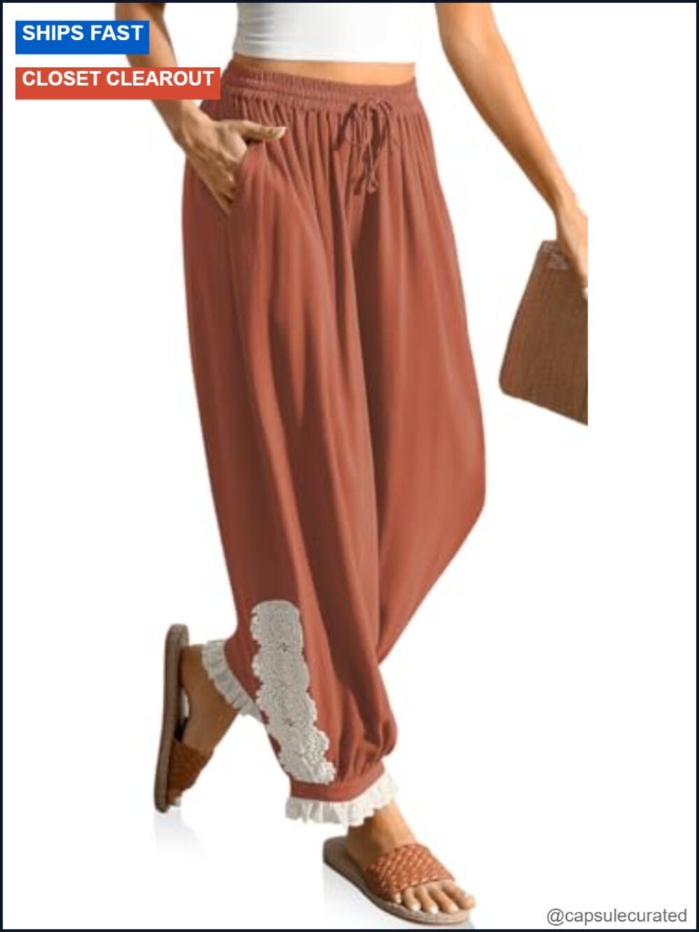 Linen Harem Pants with Lace Trim, Boho Casual Summer Cropped